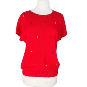 Vintage Red Bedazzled Petite Short Sleeve Sweater | Size Petite Large